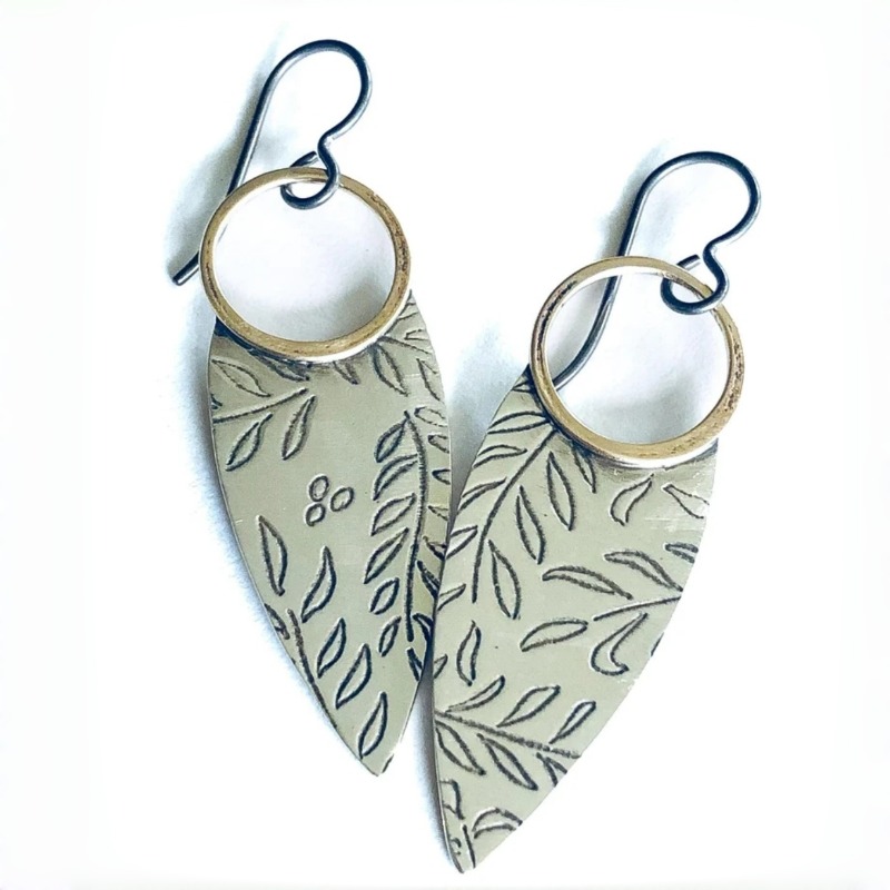 Women's Vintage Botanical Leaf Dangle Earrings, Two-Tone Teardrop
